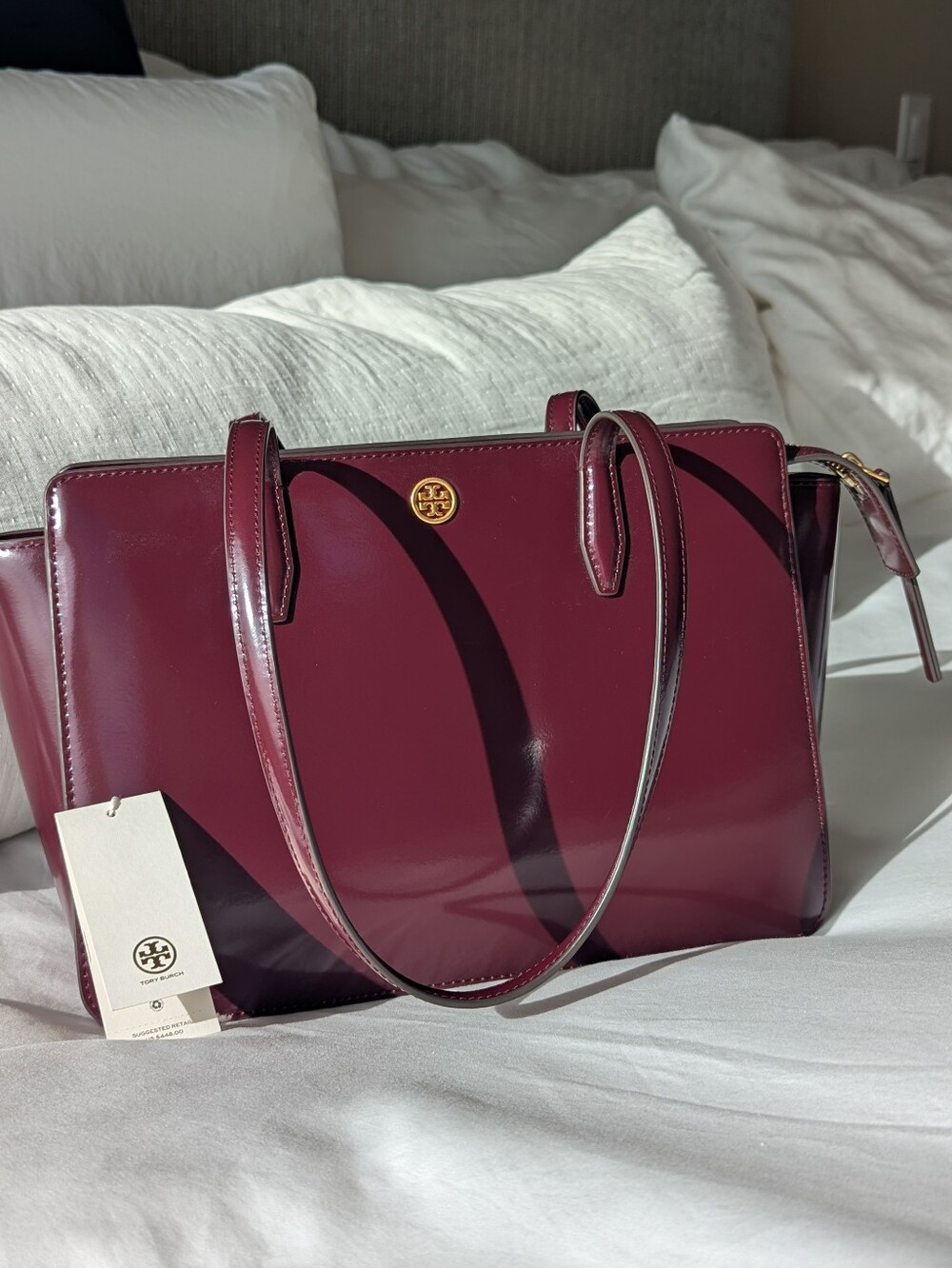 Tory Burch Patent Leather Shoulder Tote in Deep Burgundy